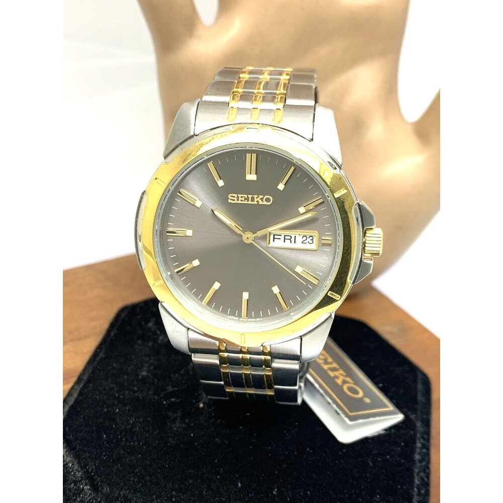 Seiko Men's Watch SUR356 Quartz Gray Dial Day Date Two Tone Stainless Steel 39mm
